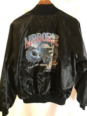 Vintage 1988 Black Satin “Airborne” Parachute Graphic Bomber Jacket L/XL